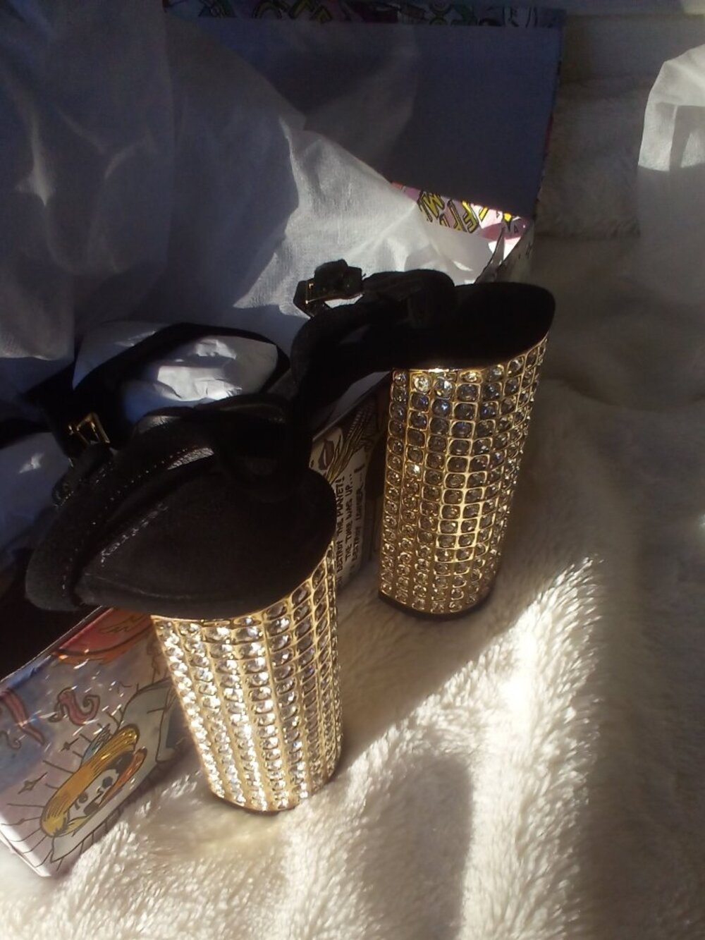 Jeffrey Campbell Dias Platform Sandals Black Suede w/Crystal Block Heels 7.5 NWT